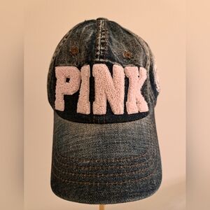 CUTE Denim Puff "Pink" Letters Baseball Cap with Faux Leather Adjustment Strap
